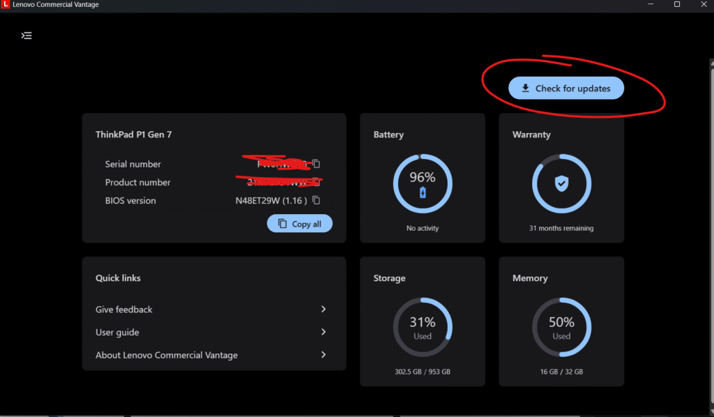 Lenovo Vantage Check for Updates