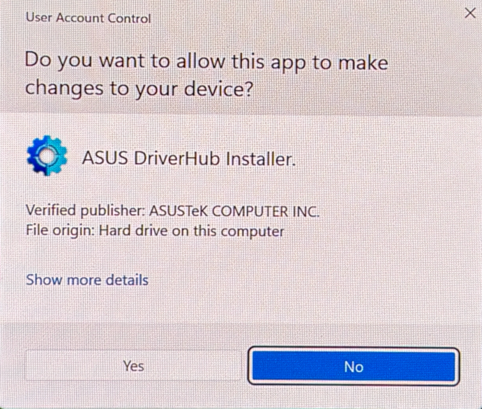ASUS DriverHub Confirmation