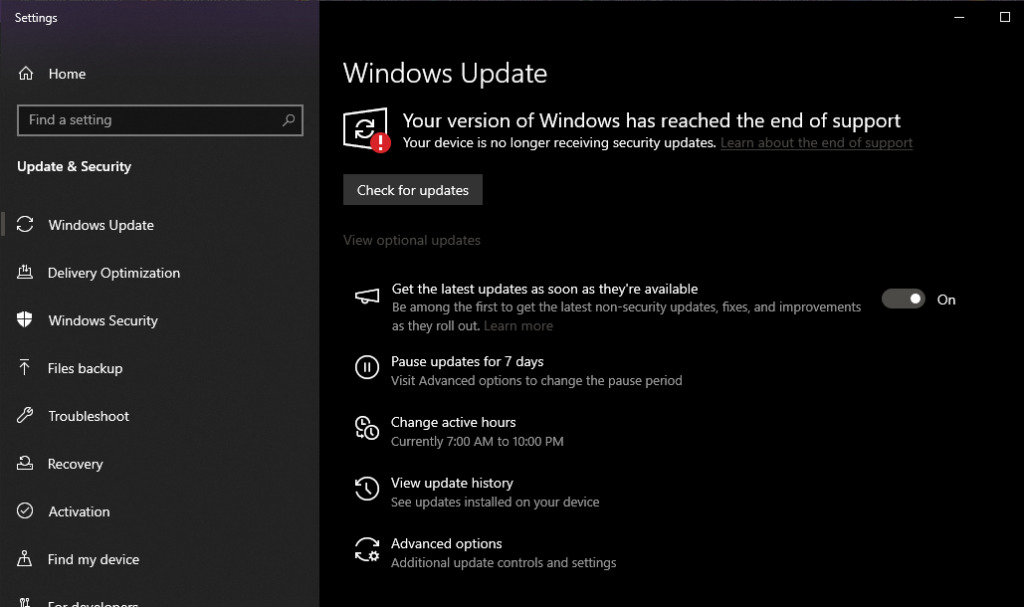 Giao diện Windows Update hiển thị thông báo ngừng hỗ trợ.